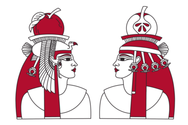 Illustration of two Egyptian-looking people with an apple on top of their head; by Stefanie Kreuzer, b13 GmbH (CC BY-SA 4.0)