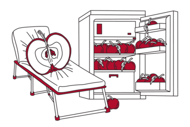 Illustration of an apple on a sickbed next to a refrigerator; by Stefanie Kreuzer, b13 GmbH (CC BY-SA 4.0)